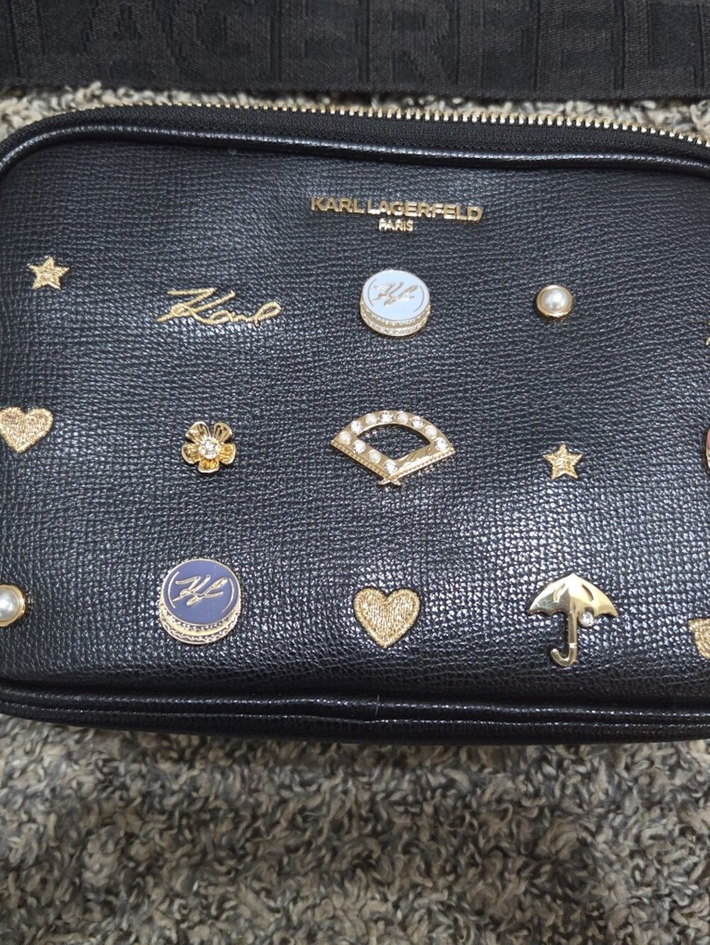 Karl Lagerfeld Black Crossbody Bag with Gold Charm Accents